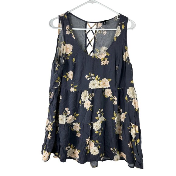 Torrid Black Floral Sleeveless Tiered Tank Top With Back Lace-Up Detail Size 1 - Picture 1 of 8